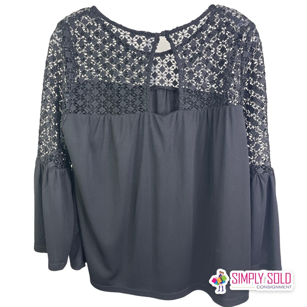 White House Black Market Black Lace Yoke Bell Sleeve Blouse Medium